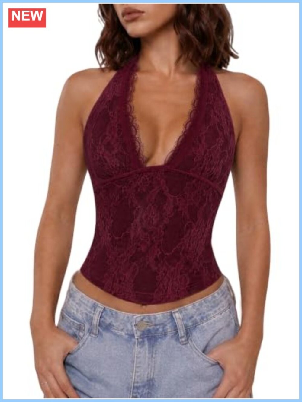 Women's Lace Halter Top Deep V Neck Backless Sleeveless Y2K Club Party Cami
